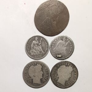 USA 1870 Seated Liberty 1/2 Dime & Damaged 1/2 Dime 1911 & 1913 Dime + Unknown P